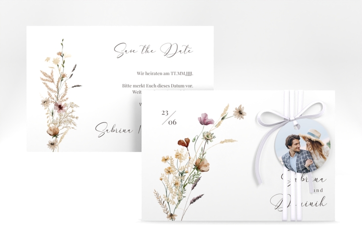 Save the Date-Karte Sauvages A6 Karte quer weiss hochglanz mit getrockneten Wiesenblumen