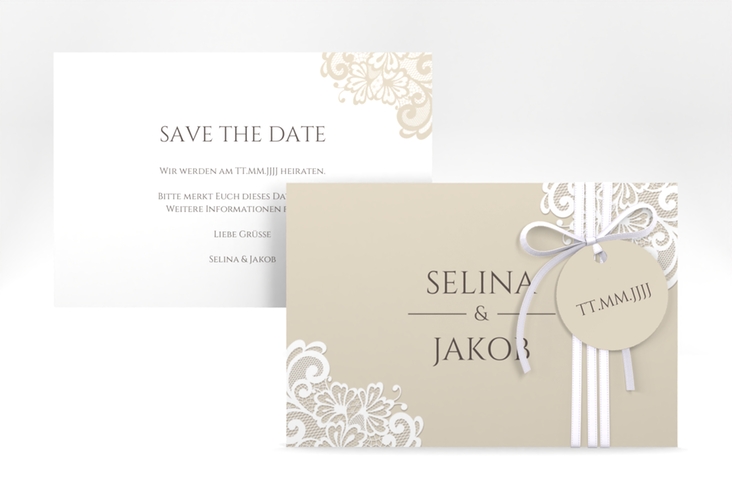 Save the Date-Karte Vintage A6 Karte quer beige mit floraler Spitze