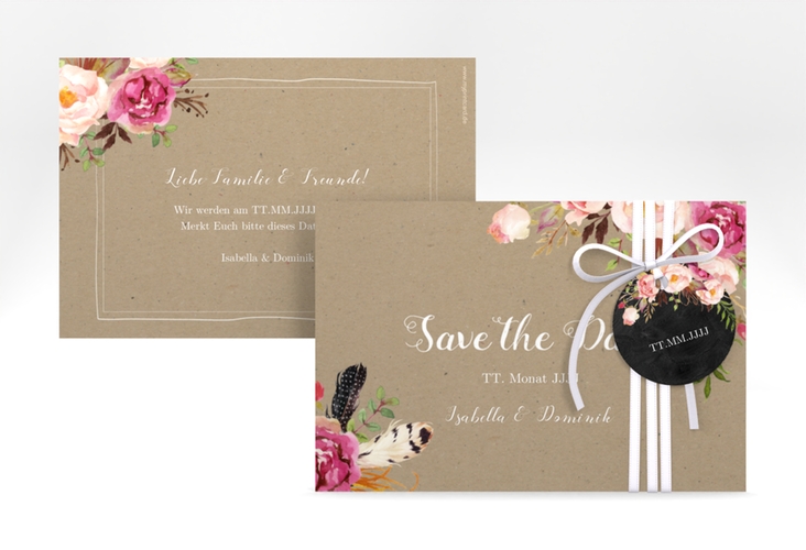 Save the Date-Karte Flowers A6 Karte quer Kraftpapier mit bunten Aquarell-Blumen