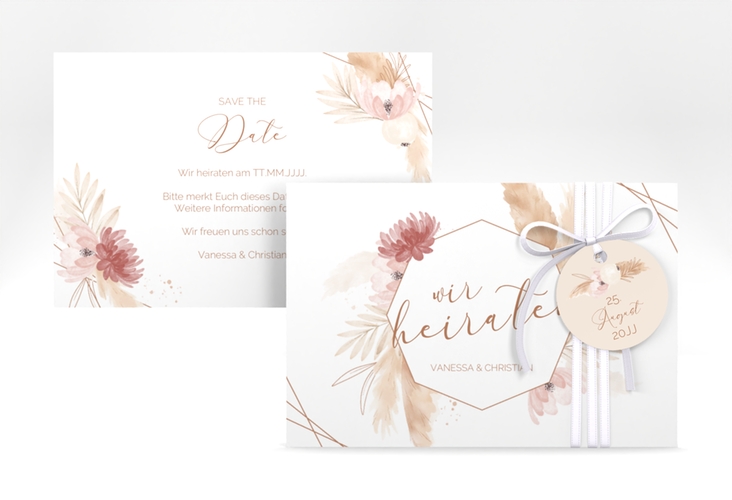 Save the Date-Karte Bohostyle A6 Karte quer beige hochglanz mit Pampasgras in Aquarell