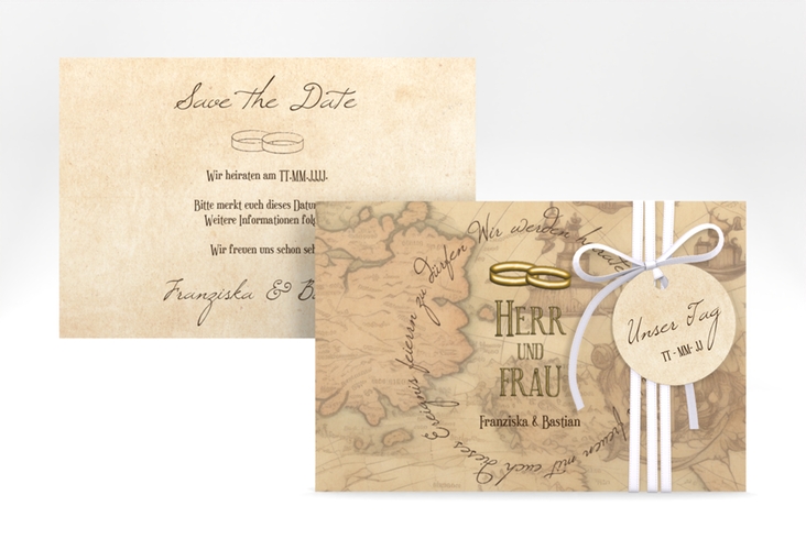 Save the Date-Karte Zwei Ringe A6 Karte quer beige mit Eheringen und Fantasy-Landkarte