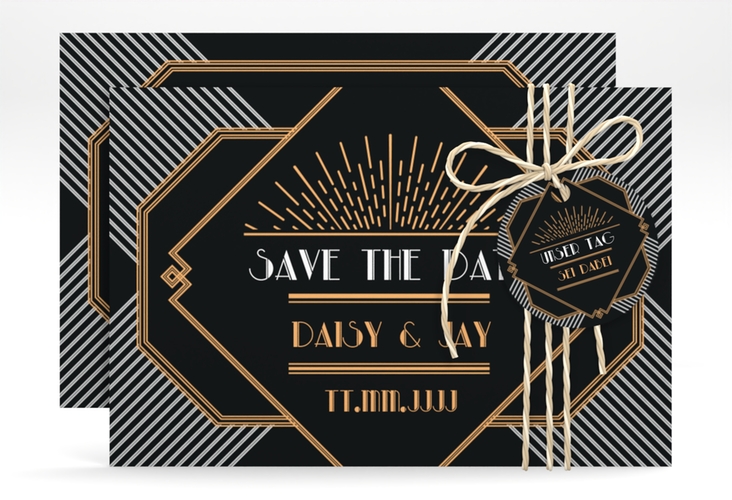 Save the Date-Karte Hochzeit Gatsby A6 Karte quer schwarz im Art Déco Stil der 1920er Jahre