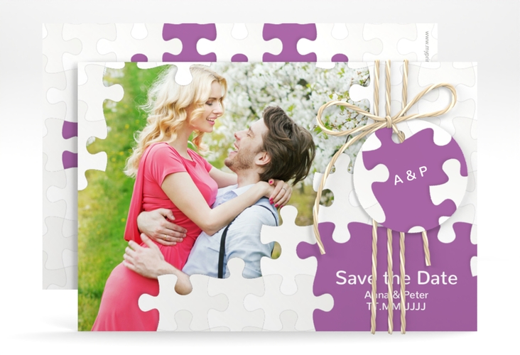 Save the Date-Karte Hochzeit Puzzle A6 Karte quer lila