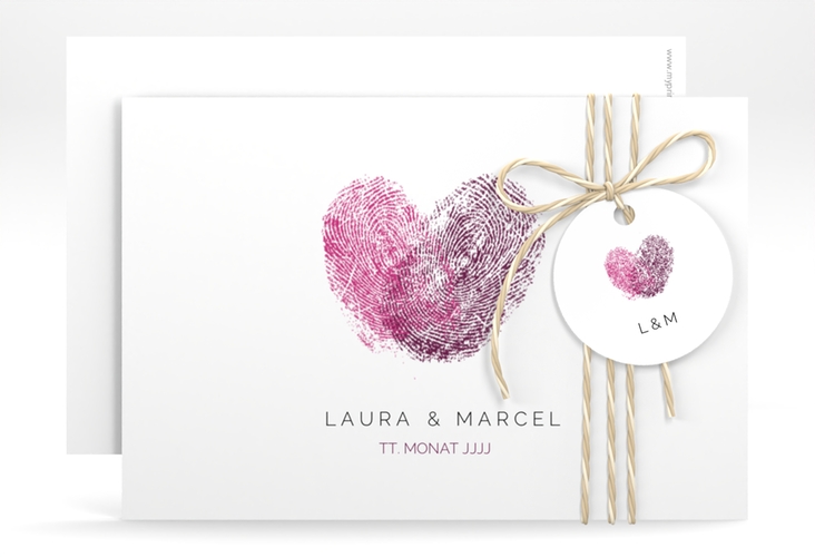 Save the Date-Karte Fingerprint A6 Karte quer pink schlicht mit Fingerabdruck-Motiv