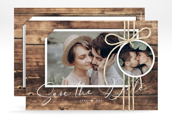 Save the Date-Karte Rustic A6 Karte quer braun in Holz-Optik mit Foto