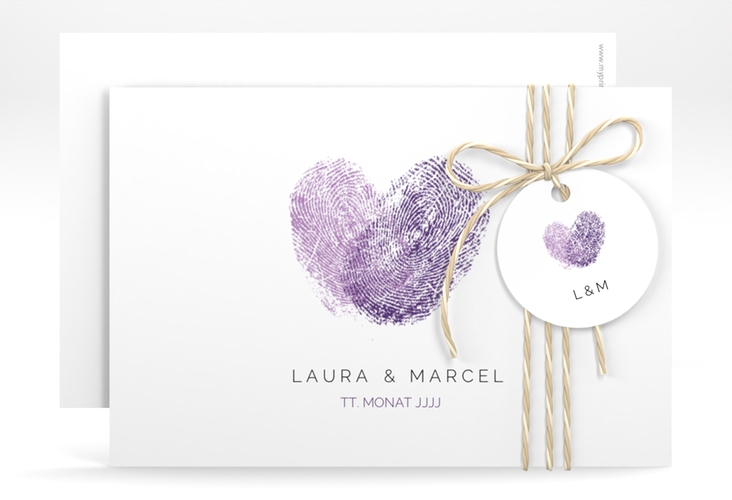 Save the Date-Karte Fingerprint A6 Karte quer lila hochglanz schlicht mit Fingerabdruck-Motiv