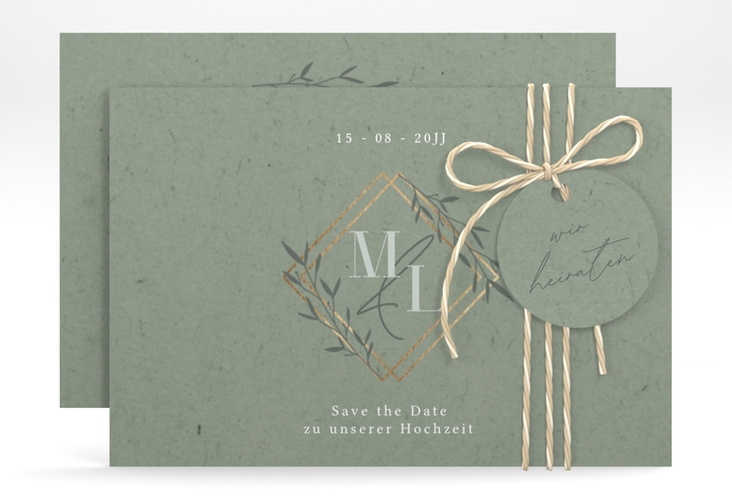 Save the Date-Karte Greenletter A6 Karte quer hochglanz mit Initialen in elegantem Goldrahmen mit Blättern