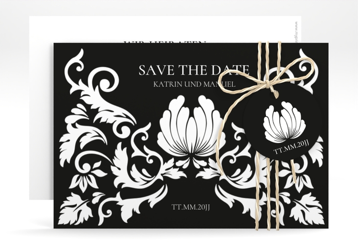 Save the Date-Karte Royal A6 Karte quer schwarz hochglanz mit barockem Blumen-Ornament