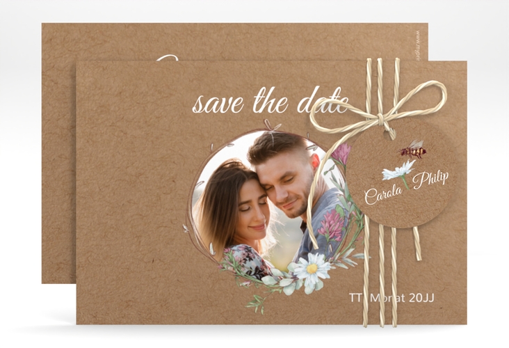 Save the Date-Karte Honey A6 Karte quer mit Wiesenblumen und Biene