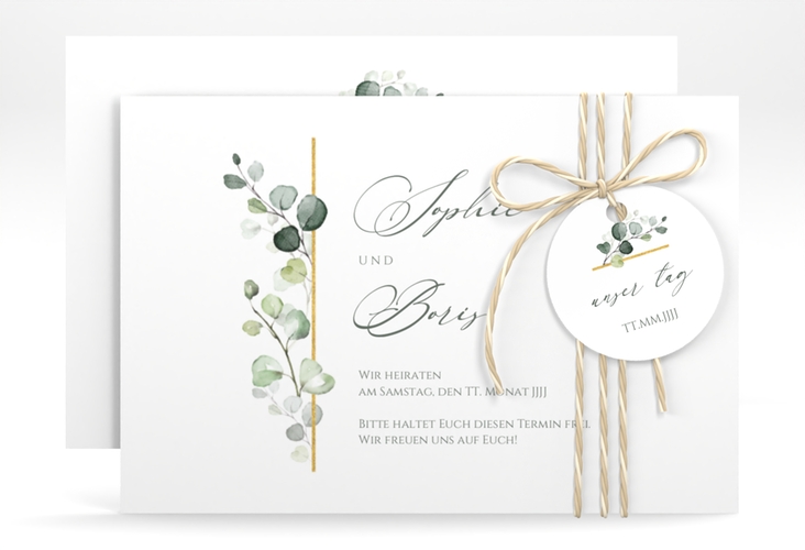 Save the Date-Karte Adelya A6 Karte quer weiss elegant mit Eukalyptus-Motiv