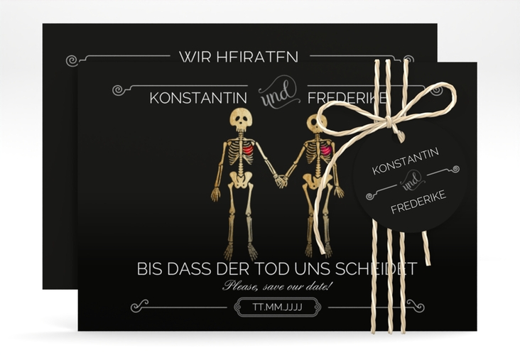 Save the Date-Karte Bones A6 Karte quer lustig mit Skelett-Brautpaar