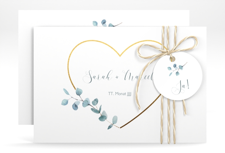 Save the Date-Karte Greenheart A6 Karte quer gold mit elegantem Herz und Eukalyptus-Zweig