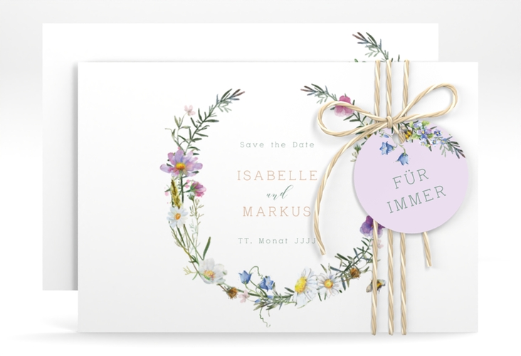 Save the Date-Karte Blumengarten A6 Karte quer bunt hochglanz mit Blumenkranz und Hummel