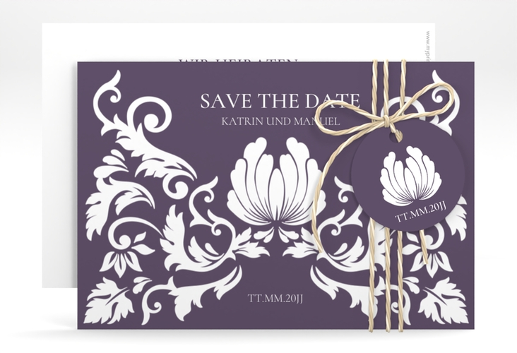 Save the Date-Karte Royal A6 Karte quer lila hochglanz mit barockem Blumen-Ornament