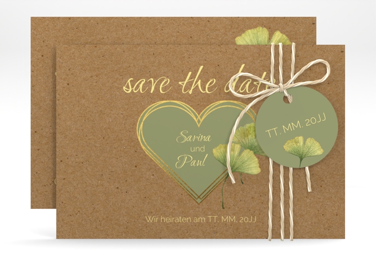 Save the Date-Karte Ginko A6 Karte quer hochglanz mit Herz und zwei Ginkgo-Blättern