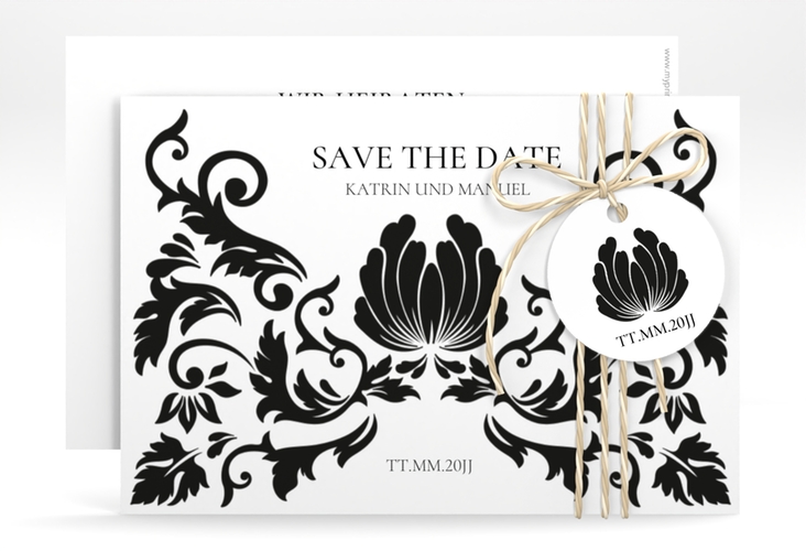 Save the Date-Karte Royal A6 Karte quer weiss hochglanz mit barockem Blumen-Ornament