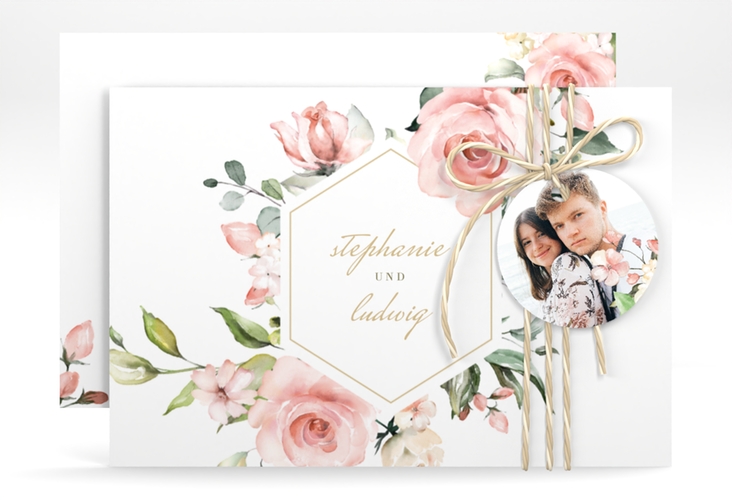 Save the Date-Karte Graceful A6 Karte quer weiss hochglanz mit Rosenblüten in Rosa und Weiß