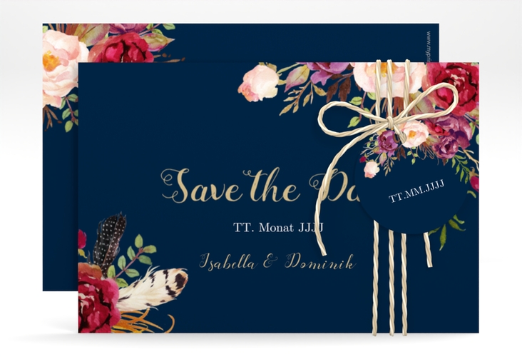 Save the Date-Karte Flowers A6 Karte quer blau hochglanz mit bunten Aquarell-Blumen