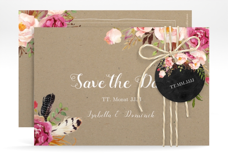 Save the Date-Karte Flowers A6 Karte quer Kraftpapier mit bunten Aquarell-Blumen