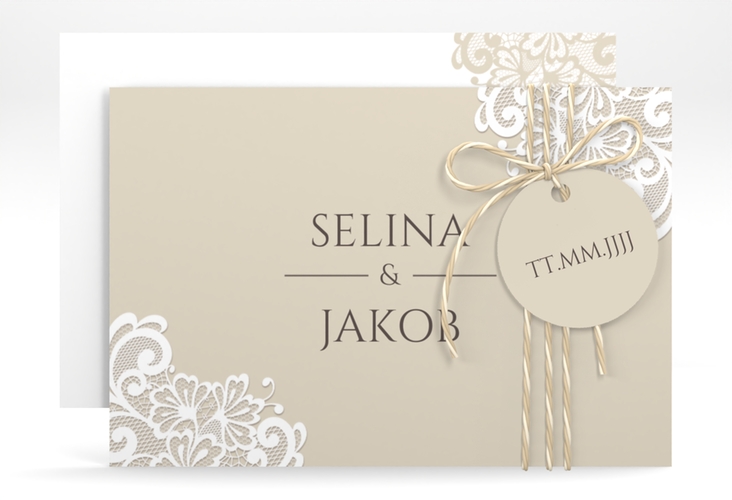 Save the Date-Karte Vintage A6 Karte quer beige mit floraler Spitze