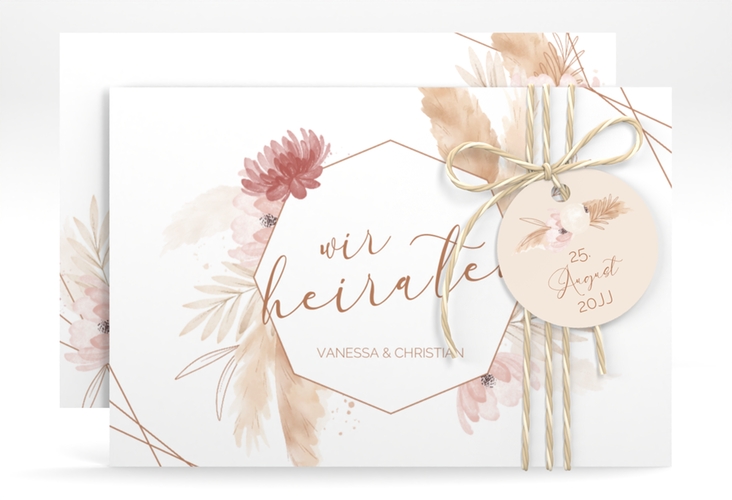 Save the Date-Karte Bohostyle A6 Karte quer beige mit Pampasgras in Aquarell