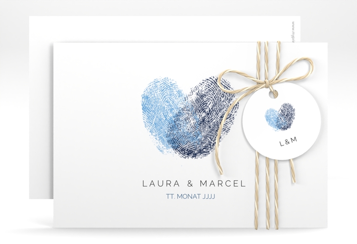 Save the Date-Karte Fingerprint A6 Karte quer blau hochglanz schlicht mit Fingerabdruck-Motiv