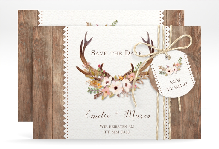 Save the Date-Karte Hochzeit Heimatjuwel A6 Karte quer braun mit Hirschgeweih und Holz-Hintergrund