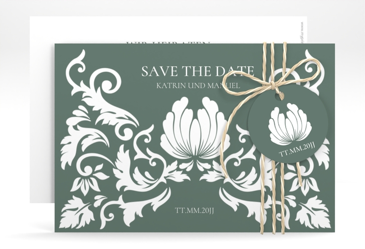 Save the Date-Karte Royal A6 Karte quer gruen mit barockem Blumen-Ornament