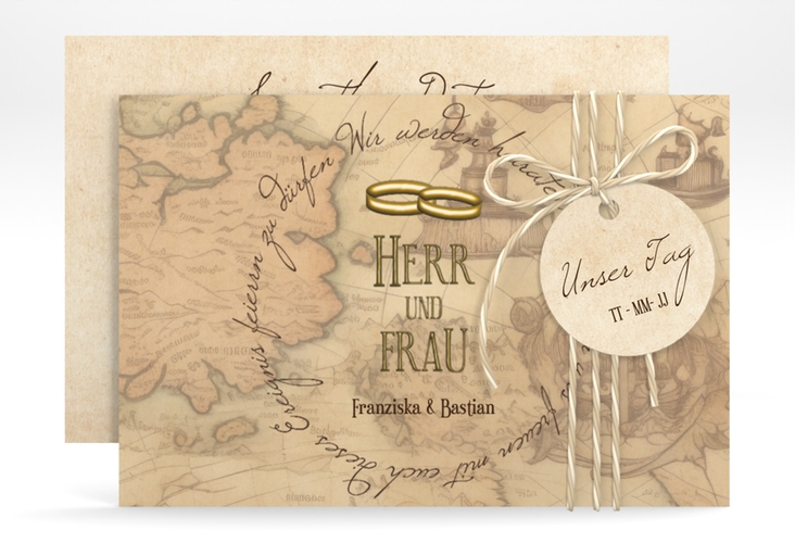 Save the Date-Karte Zwei Ringe A6 Karte quer beige mit Eheringen und Fantasy-Landkarte