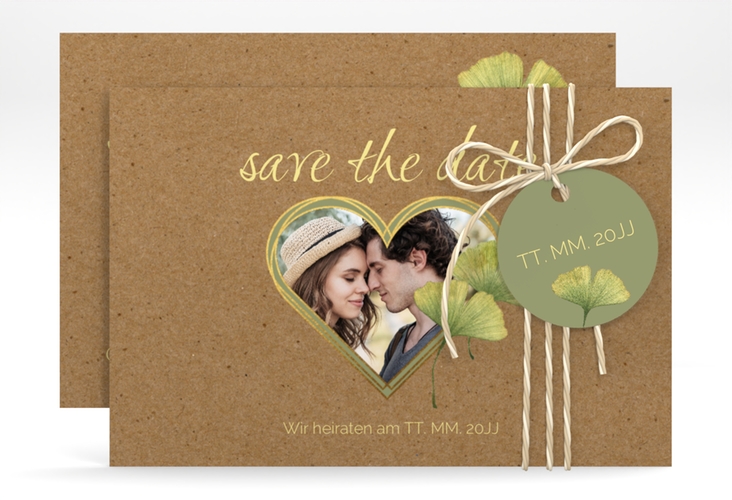 Save the Date-Karte Ginko A6 Karte quer mit Herz und zwei Ginkgo-Blättern