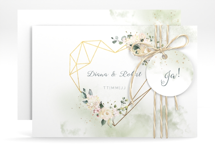 Save the Date-Karte Adore A6 Karte quer gruen mit geometrischem Herz und Rosen in Aquarell