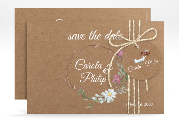 Save the Date-Karte Honey A6 Karte quer Kraftpapier hochglanz mit Wiesenblumen und Biene