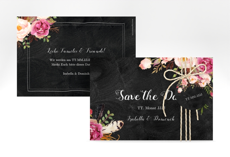 Save the Date-Karte Flowers A6 Karte quer schwarz mit bunten Aquarell-Blumen