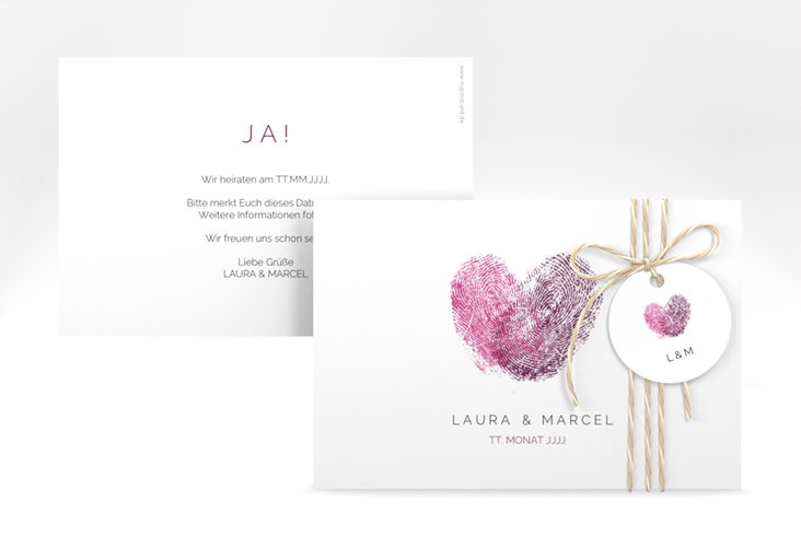 Save the Date-Karte Fingerprint A6 Karte quer pink schlicht mit Fingerabdruck-Motiv