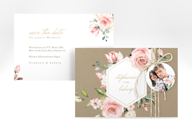 Save the Date-Karte Graceful A6 Karte quer hochglanz mit Rosenblüten in Rosa und Weiß