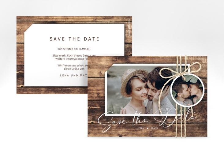 Save the Date-Karte Rustic A6 Karte quer in Holz-Optik mit Foto