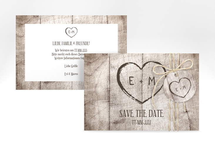 Save the Date-Karte Wood A6 Karte quer weiss in Holz-Optik mit Herz und Initialen