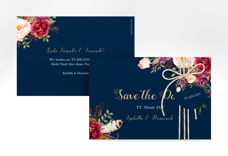 Save the Date-Karte Flowers A6 Karte quer blau hochglanz mit bunten Aquarell-Blumen