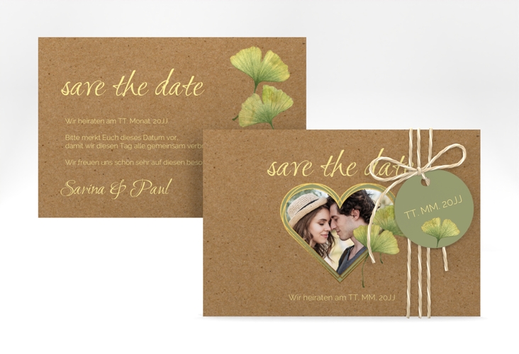 Save the Date-Karte Ginko A6 Karte quer mit Herz und zwei Ginkgo-Blättern