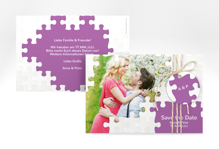 Save the Date-Karte Hochzeit Puzzle A6 Karte quer lila