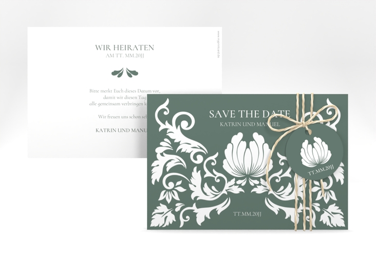 Save the Date-Karte Royal A6 Karte quer gruen mit barockem Blumen-Ornament