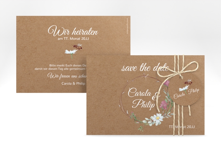 Save the Date-Karte Honey A6 Karte quer Kraftpapier mit Wiesenblumen und Biene