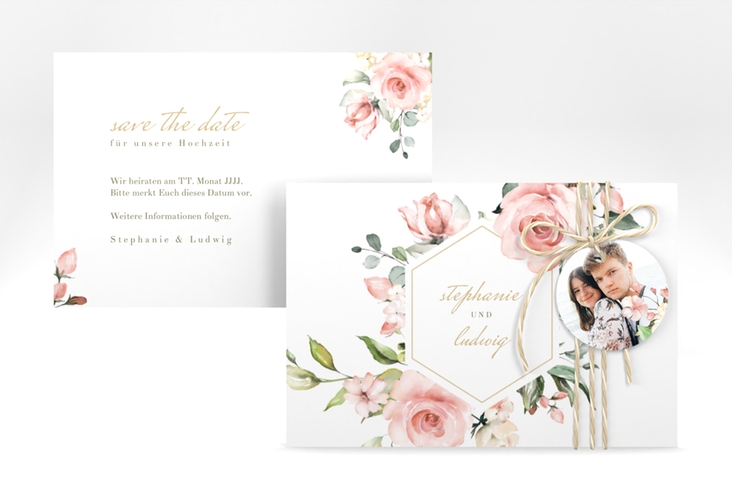 Save the Date-Karte Graceful A6 Karte quer weiss hochglanz mit Rosenblüten in Rosa und Weiß