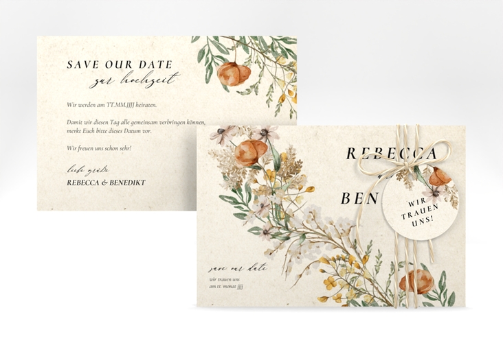 Save the Date-KarteWildfang A6 Karte quer beige hochglanz mit getrockneten Wiesenblumen