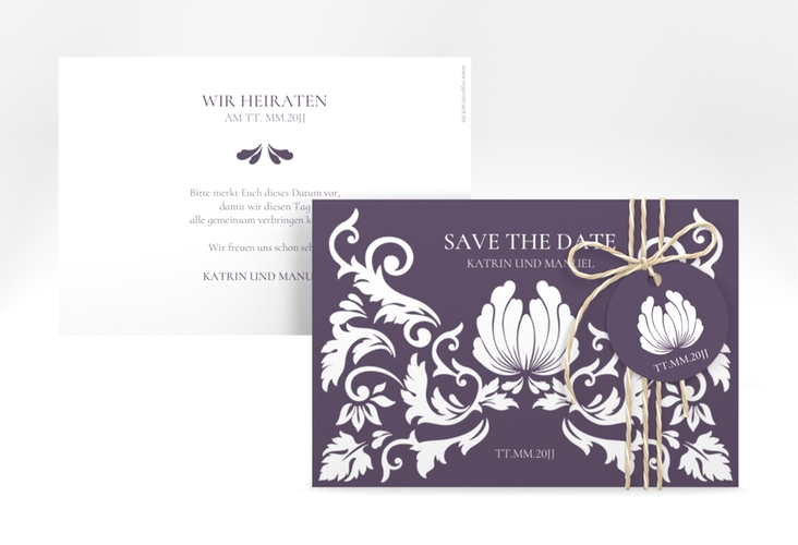 Save the Date-Karte Royal A6 Karte quer lila mit barockem Blumen-Ornament