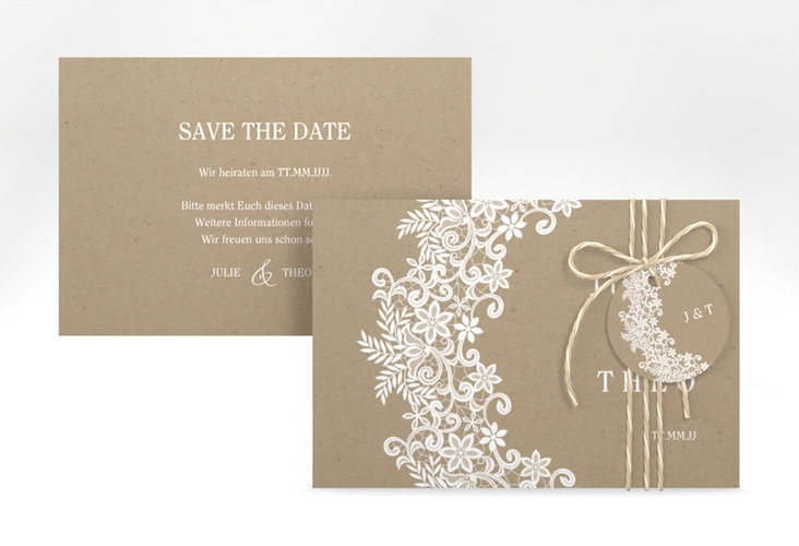 Save the Date-Karte Mariage A6 Karte quer Kraftpapier mit Bogen aus weißer Spitze