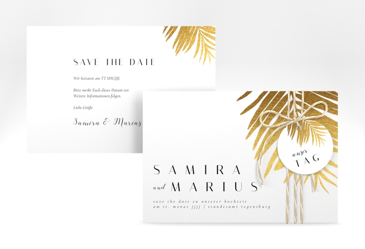 Save the Date-Karte Palmenblatt A6 Karte quer gold hochglanz mit Palmenwedel