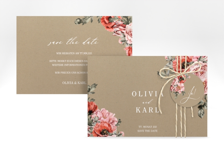 Save the Date-Karte Grazioso A6 Karte quer Kraftpapier modern mit Mohnblumen und Rosen