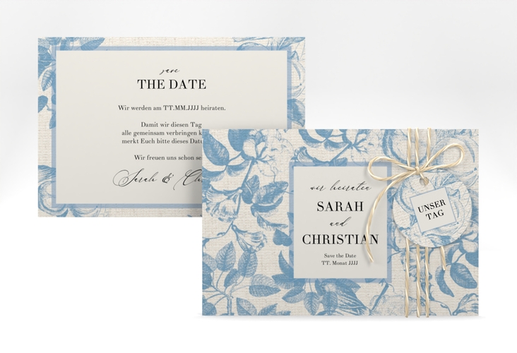 Save the Date-Karte Toile A6 Karte quer blau mit Blättermuster im Toile-de-Jouy-Stil