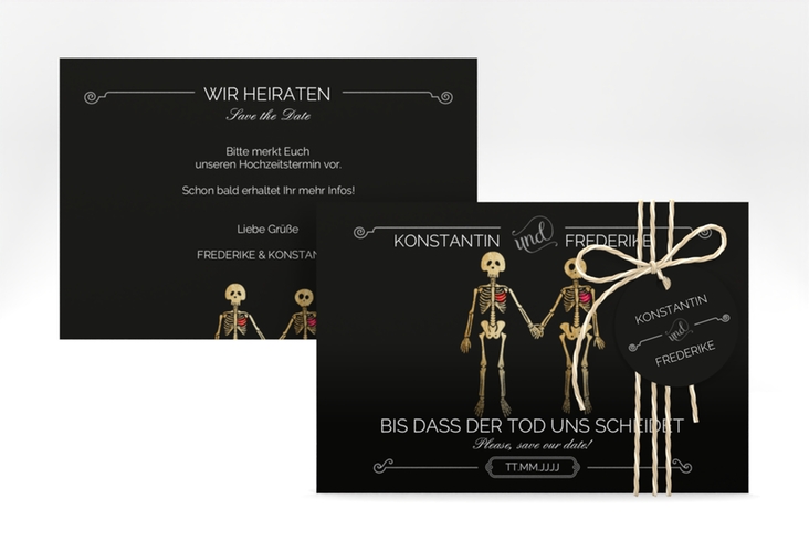 Save the Date-Karte Bones A6 Karte quer lustig mit Skelett-Brautpaar